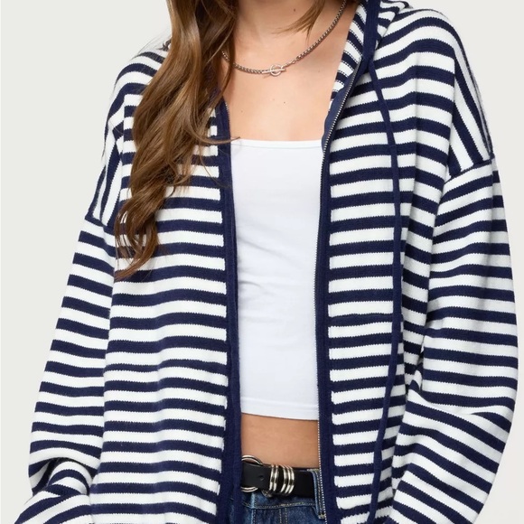 Striped Navy and White Knit Hoodie - Picture 6 of 8